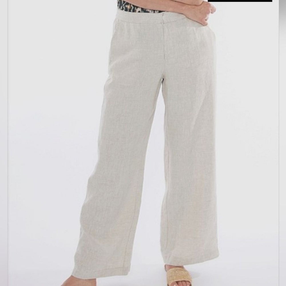 David Jones 100% Linen Pants Women US 10 Beige Wide Leg Coastal Minimalist Soft